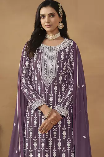 graceful wine purple embroidered georgette sharara salwar suit