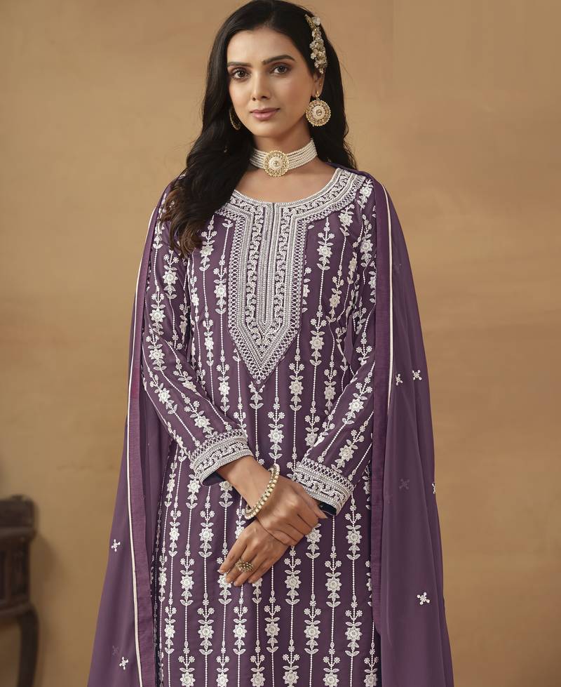 graceful wine purple embroidered georgette sharara salwar suit