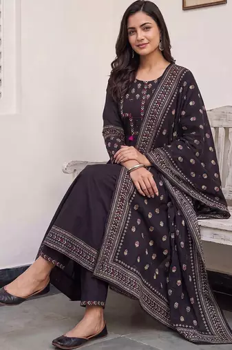 Women Ethnic Motifs Embroidered Regular Thread Work Pure Cotton Kurta with Trousers & With Dupatta