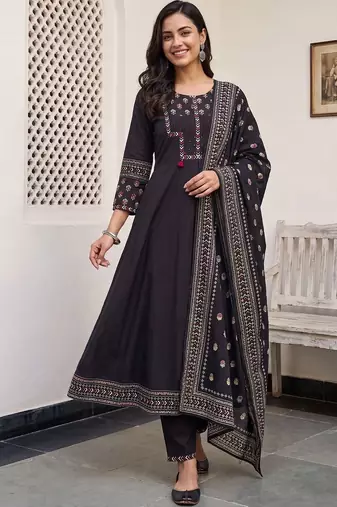 Women Ethnic Motifs Embroidered Regular Thread Work Pure Cotton Kurta with Trousers & With Dupatta
