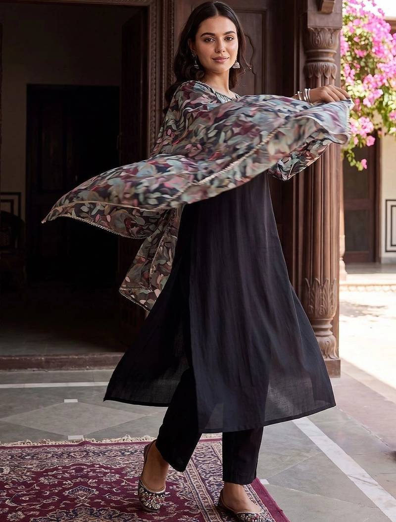 Women Floral Regular Thread Work Kurta with Trousers & With Dupatta