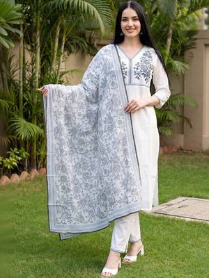 Women Ethnic Motifs Embroidered Regular Thread Work Pure Cotton Kurta with Trousers & With Dupatta 6