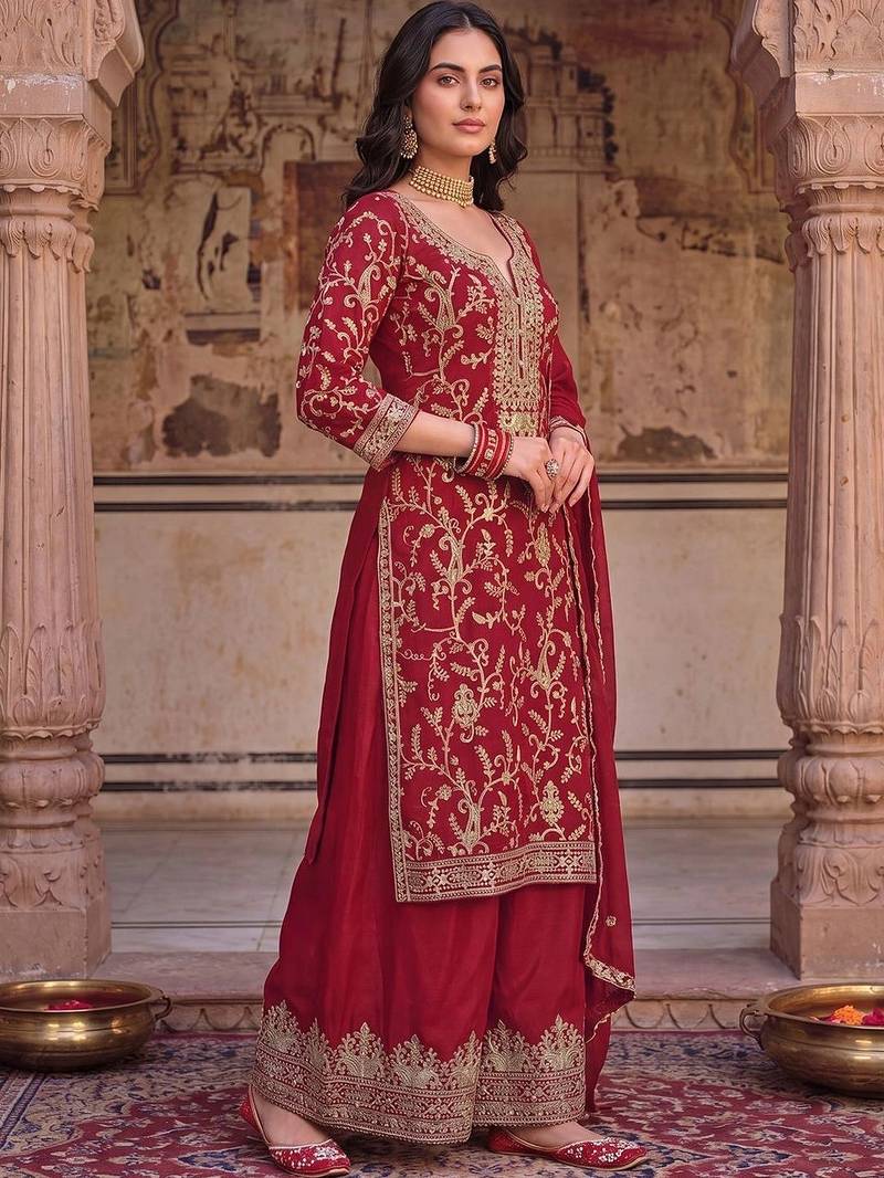 Women Ethnic Motifs Embroidered Regular Kurta with Palazzos & With Dupatta