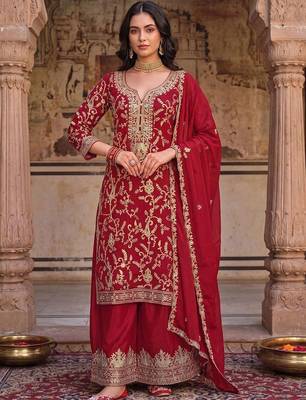 Women Ethnic Motifs Embroidered Regular Kurta with Palazzos & With Dupatta 6