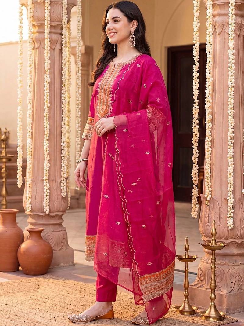 Women Ethnic Motifs Embroidered Regular Thread Work Kurta with Trousers & With Dupatta