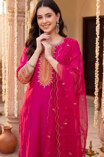 Women Ethnic Motifs Embroidered Regular Thread Work Kurta with Trousers & With Dupatta