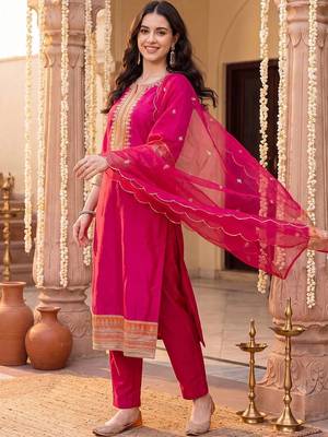 Women Ethnic Motifs Embroidered Regular Thread Work Kurta with Trousers & With Dupatta 3