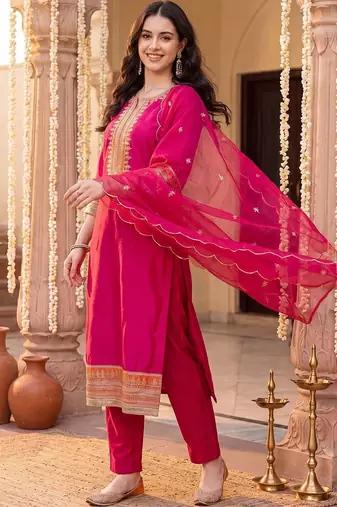 Women Ethnic Motifs Embroidered Regular Thread Work Kurta with Trousers & With Dupatta