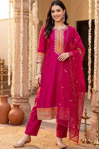 Women Ethnic Motifs Embroidered Regular Thread Work Kurta with Trousers & With Dupatta