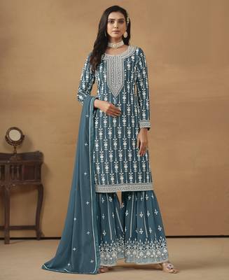 exquisite teal blue embroidered georgette sharara salwar suit 1