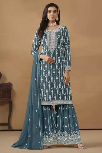 exquisite teal blue embroidered georgette sharara salwar suit