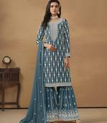 exquisite teal blue embroidered georgette sharara salwar suit