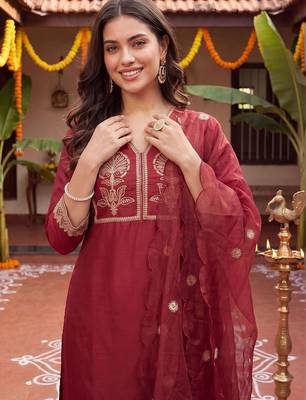 Women Ethnic Motifs Embroidered Regular Thread Work Kurta with Trousers & With Dupatta 1