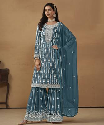 exquisite teal blue embroidered georgette sharara salwar suit 2