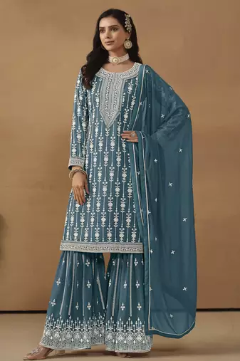 exquisite teal blue embroidered georgette sharara salwar suit