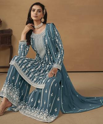 exquisite teal blue embroidered georgette sharara salwar suit 3