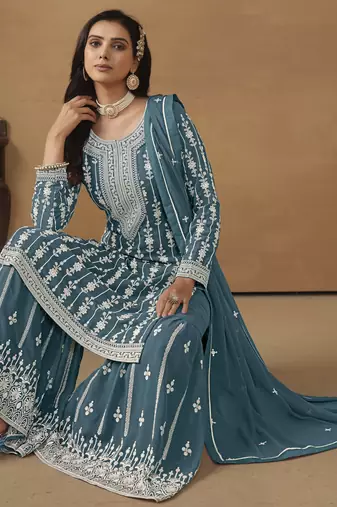 exquisite teal blue embroidered georgette sharara salwar suit