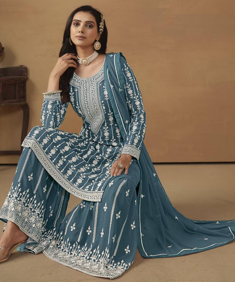 exquisite teal blue embroidered georgette sharara salwar suit