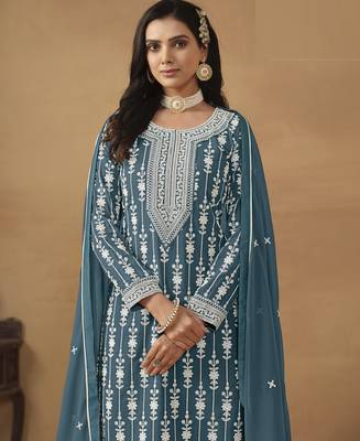exquisite teal blue embroidered georgette sharara salwar suit 4
