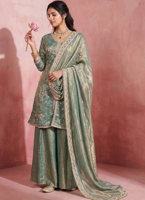 Women's Beautiful Embroidery Work Fendy Satin Fabric Straight Kurta Sharara and Dupatta Set 1