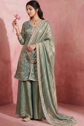 Women's Beautiful Embroidery Work Fendy Satin Fabric Straight Kurta Sharara and Dupatta Set