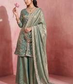 Women's Beautiful Embroidery Work Fendy Satin Fabric Straight Kurta Sharara and Dupatta Set