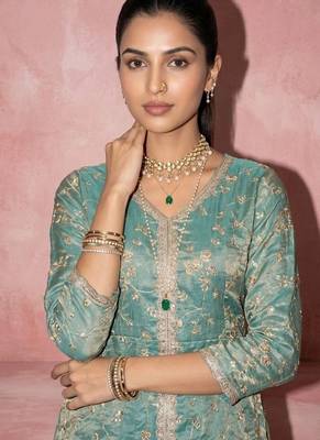 Women's Beautiful Embroidery Work Fendy Satin Fabric Straight Kurta Sharara and Dupatta Set 2