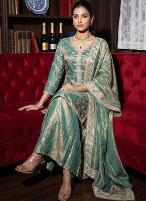 Women's Beautiful Embroidery Work Fendy Satin Fabric Straight Kurta Sharara and Dupatta Set 3