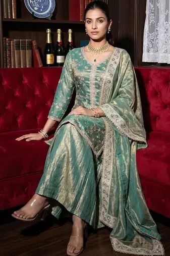Women's Beautiful Embroidery Work Fendy Satin Fabric Straight Kurta Sharara and Dupatta Set