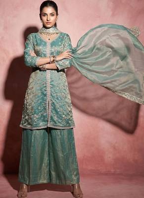 Women's Beautiful Embroidery Work Fendy Satin Fabric Straight Kurta Sharara and Dupatta Set 4