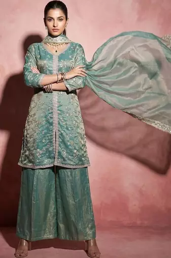 Women's Beautiful Embroidery Work Fendy Satin Fabric Straight Kurta Sharara and Dupatta Set