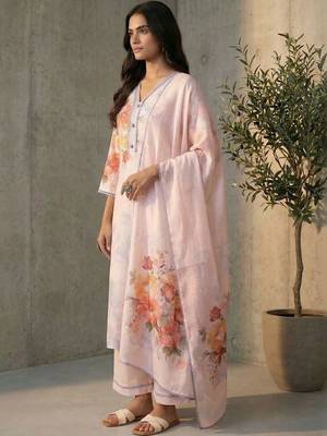Women Floral Printed Regular Linen Kurta with Trousers & With Dupatta 1
