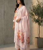 Women Floral Printed Regular Linen Kurta with Trousers & With Dupatta