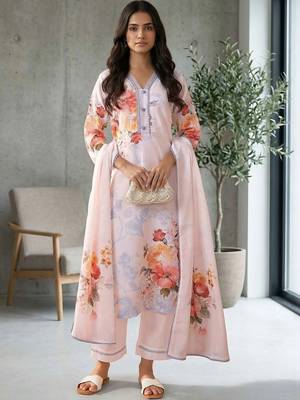 Women Floral Printed Regular Linen Kurta with Trousers & With Dupatta 3