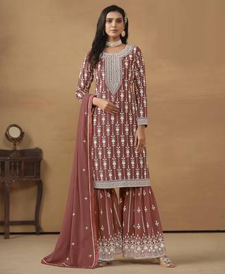 sophisticated dusty rose embroidered georgette sharara salwar suit 1