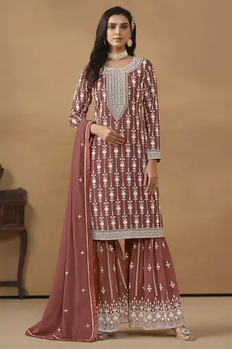 sophisticated dusty rose embroidered georgette sharara salwar suit