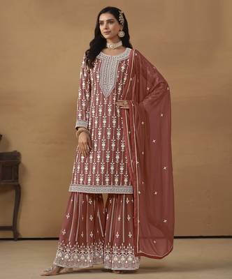 sophisticated dusty rose embroidered georgette sharara salwar suit 2