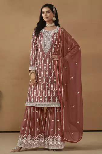 sophisticated dusty rose embroidered georgette sharara salwar suit