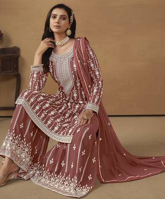 sophisticated dusty rose embroidered georgette sharara salwar suit 3