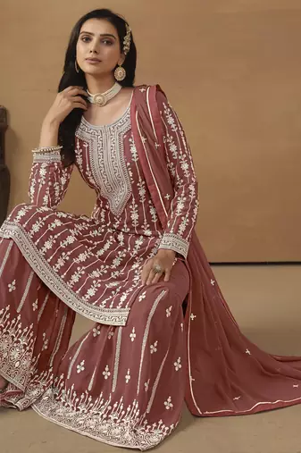 sophisticated dusty rose embroidered georgette sharara salwar suit