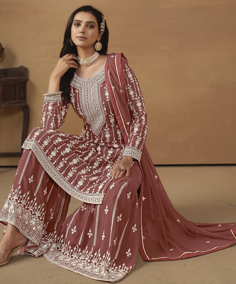 sophisticated dusty rose embroidered georgette sharara salwar suit