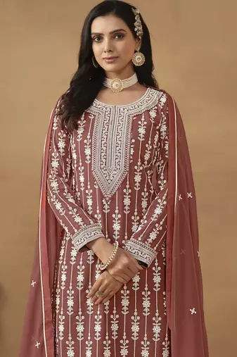 sophisticated dusty rose embroidered georgette sharara salwar suit