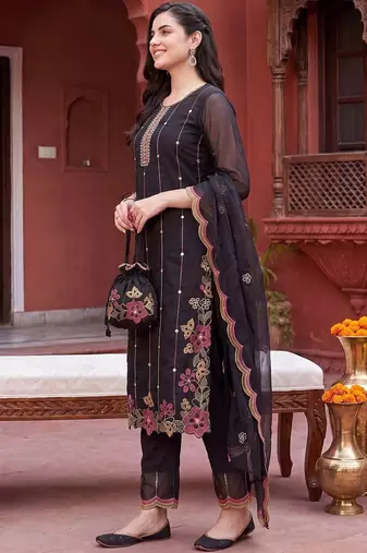 Women Floral Embroidered Regular Thread Work Kurta with Trousers & With Dupatta