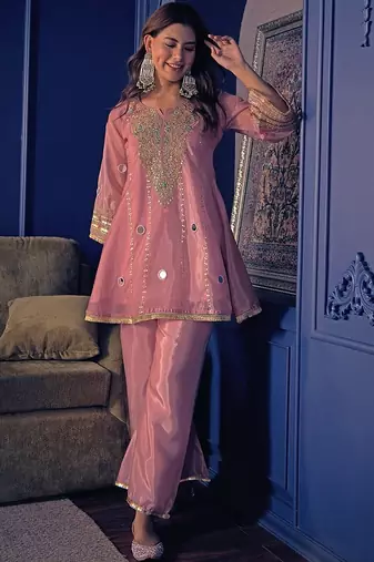 Embroidery Crepe Fabric Flared Kurta Pant Set