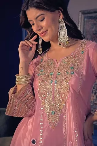 Embroidery Crepe Fabric Flared Kurta Pant Set