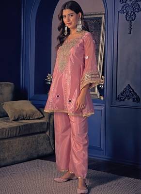 Embroidery Crepe Fabric Flared Kurta Pant Set 3