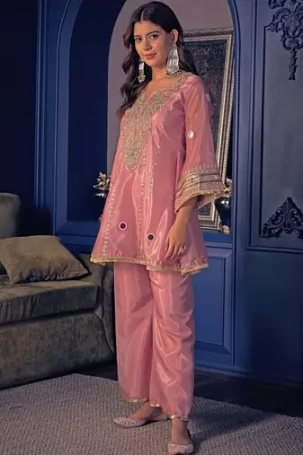 Embroidery Crepe Fabric Flared Kurta Pant Set