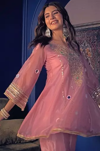 Embroidery Crepe Fabric Flared Kurta Pant Set