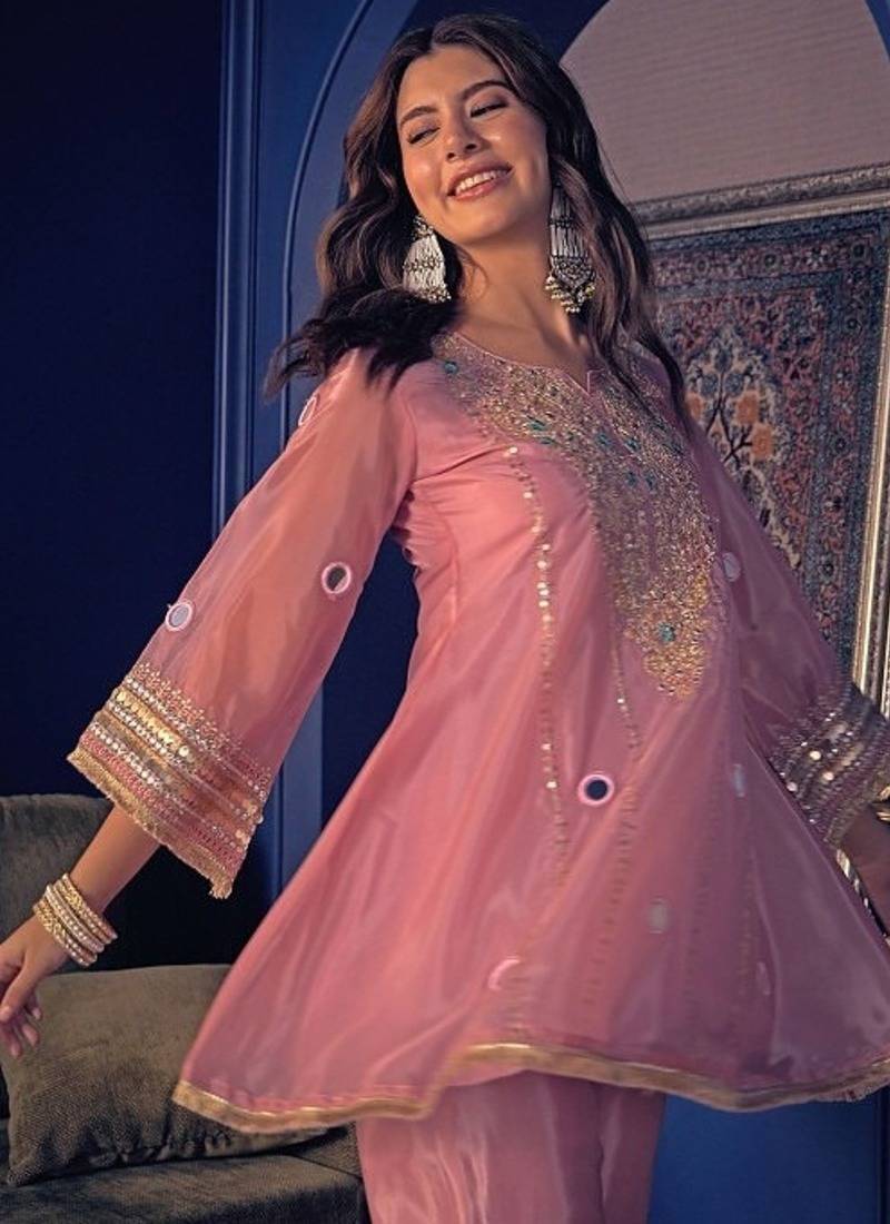 Embroidery Crepe Fabric Flared Kurta Pant Set
