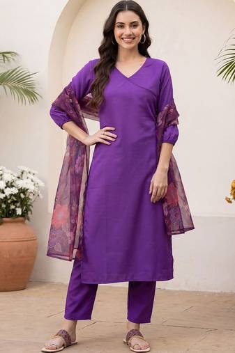 Women Floral Angrakha Kurta with Trousers & With Dupatta